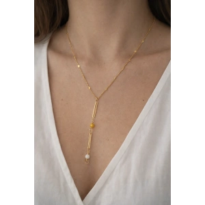 Altın Renk Taş Detaylı Çelik Kolye