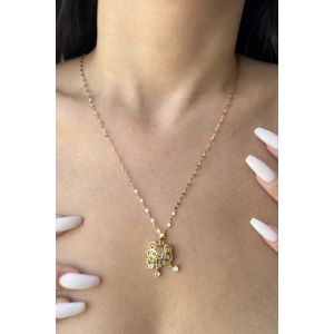 Altın Renk Taş Detaylı Çelik Kolye