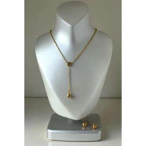 Altın Renk Taş Detaylı Çelik Kolye Set