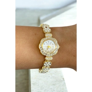 Altın Renk Taş Detaylı Çelik Kordonlu Kadın Saat