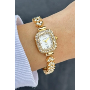 Altın Renk Taş Detaylı Çelik Kordonlu Kadın Saat