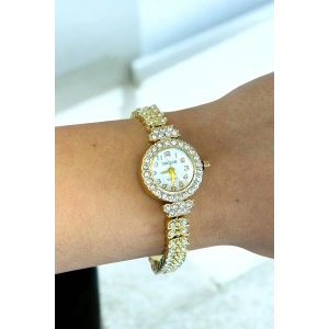 Altın Renk Taş Detaylı Çelik Kordonlu Kadın Saat