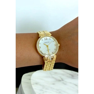 Altın Renk Taş Detaylı Çelik Kordonlu Kadın Saat