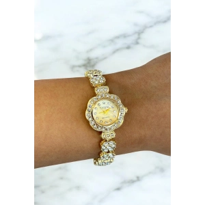 Altın Renk Taş Detaylı Çelik Kordonlu Kadın Saat