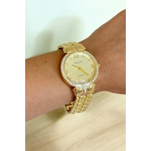 Altın Renk Taş Detaylı Çelik Kordonlu Kadın Saat