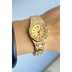 Altın Renk Taş Detaylı Çelik Kordonlu Kadın Saat