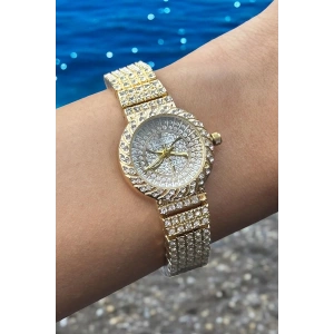 Altın Renk Taş Detaylı Çelik Kordonlu Kadın Saat