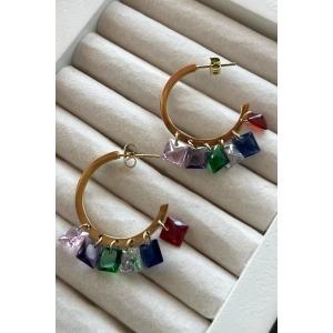 Altın Renk Taş Detaylı Çelik Küpe (Çift)