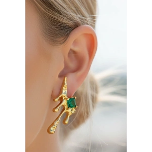 Altın Renk Taş Detaylı Çelik Küpe (Çift)