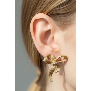 Altın Renk Taş Detaylı Çelik Küpe (Çift)