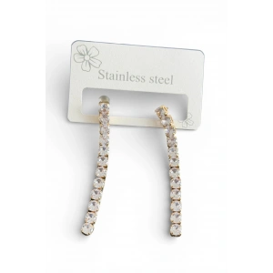 Altın Renk Taş Detaylı Çelik Küpe (Çift)