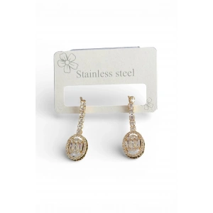 Altın Renk Taş Detaylı Çelik Küpe (Çift)