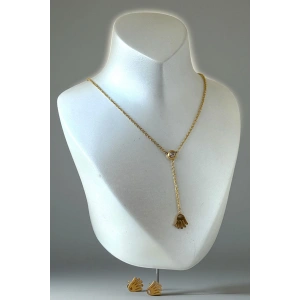 Altın Renk Taş Detaylı Çelik Küpe Kolye Set