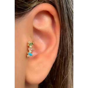 Altın Renk Taş Detaylı Çelik Tragus/Kıkırdak Küpe/Piercing (Tek)