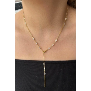 Altın Renk Taş Detaylı Çelik Y Kolye