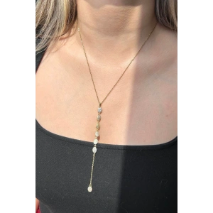 Altın Renk Taş Detaylı Çelik Y Kolye