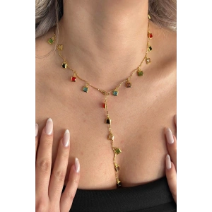 Altın Renk Taş Detaylı Çelik Y Kolye