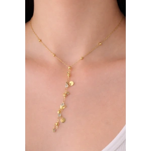 Altın Renk Taş Detaylı Çelik Y Kolye