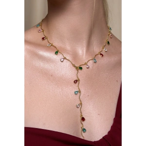 Altın Renk Taş Detaylı Çelik Y Kolye