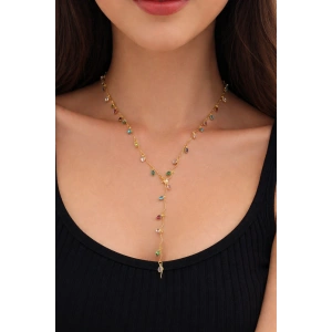 Altın Renk Taş Detaylı Çelik Y Kolye