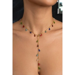 Altın Renk Taş Detaylı Çelik Y Kolye