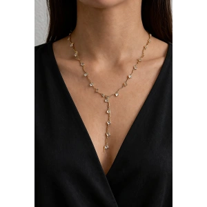 Altın Renk Taş Detaylı Çelik Y Kolye