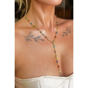 Altın Renk Taş Detaylı Çelik Y Kolye