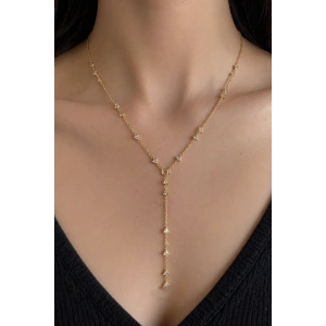 Altın Renk Taş Detaylı Çelik Y Kolye