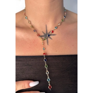 Altın Renk Taş Detaylı Çelik Y Kolye