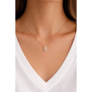 Altın Renk Taş Detaylı E Harfli Mini Çelik Kolye