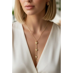 Altın Renk Taş Detaylı Kalp Figürlü 14K Altın Kaplama VİP Y Kolye