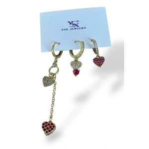 Altın Renk Taş Detaylı Kalp Figürlü Taş Detaylı 6lı YSX Küpe Set