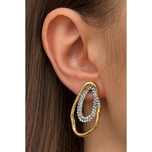 Altın Renk Taş Detaylı Metal Küpe (Çift)