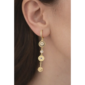 Altın Renk Taş Detaylı Sallantılı 14K Altın Kaplama Küpe (Çift)