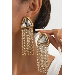 Altın Renk Taş Detaylı Sallantılı Abiye Küpe (Çift)