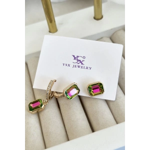 Altın Renk Taş Detaylı VİP 3lü YSX Küpe Set