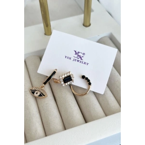 Altın Renk Taş Detaylı VİP 3lü YSX Küpe Set