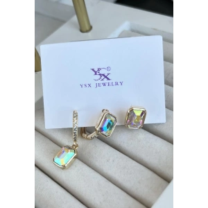 Altın Renk Taş Detaylı VİP 3lü YSX Küpe Set