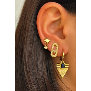 Altın Renk Taş Detaylı VİP 3lü YSX Küpe Set