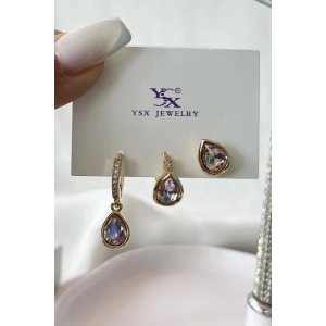 Altın Renk Taş Detaylı VİP 3lü YSX Küpe Set