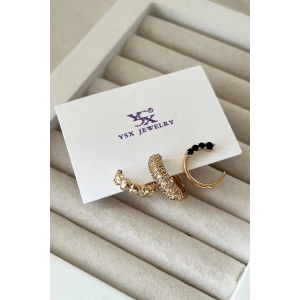 Altın Renk Taş Detaylı VİP 3lü YSX Küpe Set