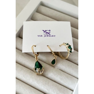 Altın Renk Taş Detaylı VİP 3lü YSX Küpe Set