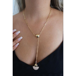 Altın Renk Taş Detaylı Y Kolye