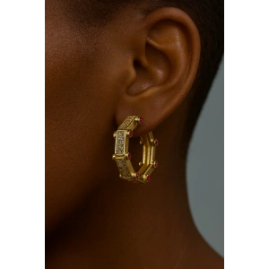 Altın Renk Taş Detaylı YSX Halka Küpe (Çift)