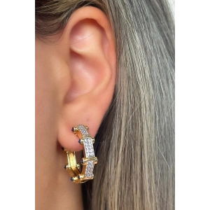 Altın Renk Taş Detaylı YSX Halka Küpe (Çift)