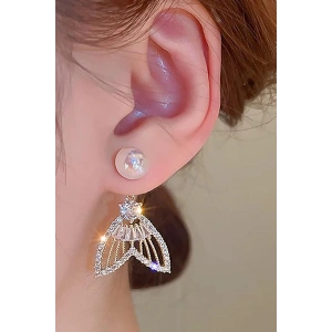 Altın Renk Taş Ve İnci Detaylı 14K Altın Kaplama Küpe (Çift)