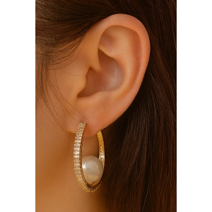 Altın Renk Taş Ve İnci Detaylı Halka Küpe (Çift)