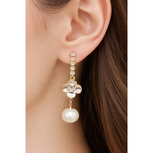 Altın Renk Taş Ve İnci Detaylı Küpe (Çift)