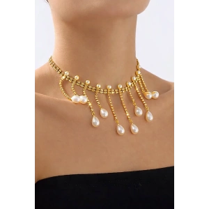 Altın Renk Taş Ve İnci Detaylı Tasarım Abiye Kolye