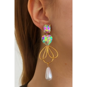 Altın Renk Taş Ve İnci Detaylı Tasarım Küpe (Çift)